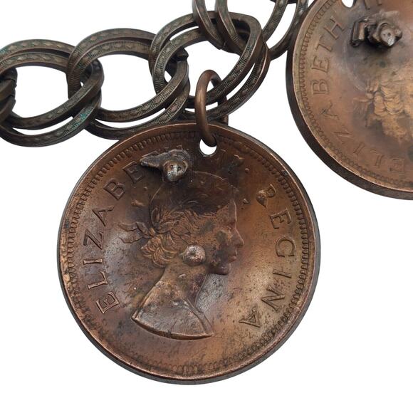 Vintage 1950s South African Coin Charm Bracelet Copper Five Cent Travel Chain - Picture 9 of 14